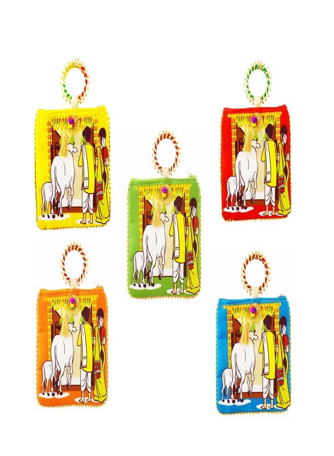 TAVASYA Traditional Potli Gift Bags with Zip & Bangle Handle - Pack of 5 - Housewarming Design | Return Gift Bags for Weddings, Pooja, Baby Shower, Housewarming, Festivals & Functions - Image 1
